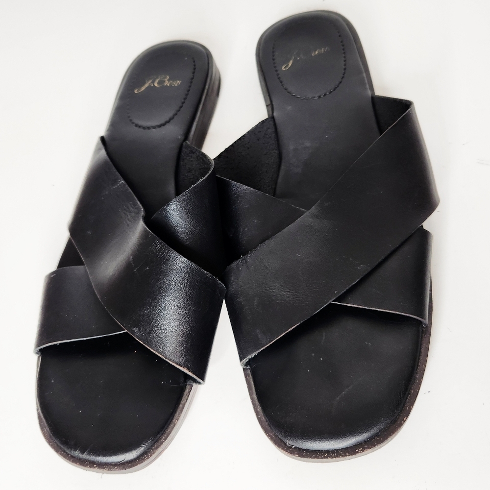 J. Crew Gretchen Cross-Strap Black Leather Slip On Sandals Shoes Women's Size 9 - Picture 5 of 8